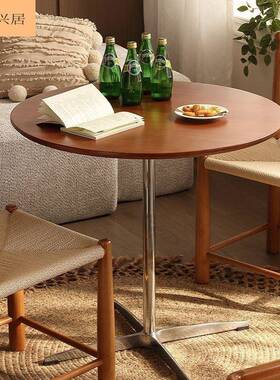 法式复古胡户桃实色餐桌小101634型家用木餐桌公寓中风圆形阳台古