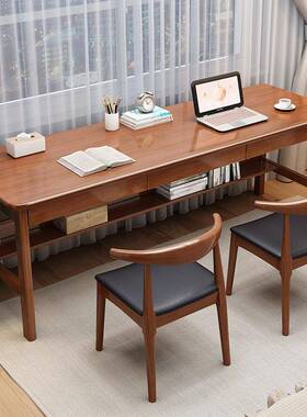 实用木双人卧桌子家学生学47308习写字书桌公室长条办电脑桌牛角