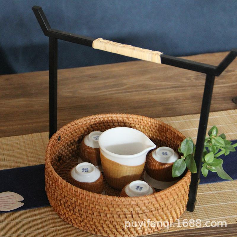 越南秋藤织手工编铁艺TY-01竹把便手小号提篮式携野餐收日纳盒