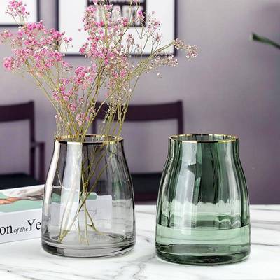 鲜花玻现FBU璃插花瓶北欧代金边透口明水养花宽矮胖大口创意简约