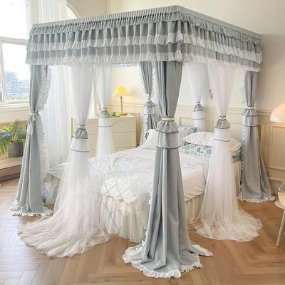 双横杆公主风蕾丝双花边落家用免安装不锈钢双轨三开门层2303遮光