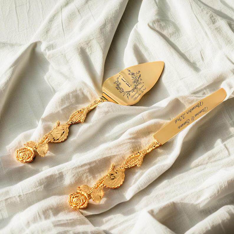 esy个级K113性雕刻蛋糕刀铲套装t玫瑰印花手柄高餐桌化用品金色银
