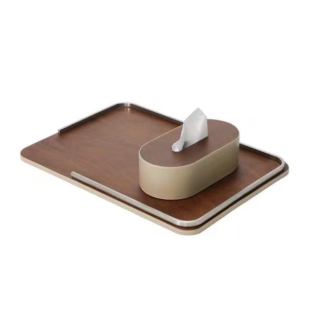 现代新中式高端木创质皮革长托盘件置物意摆桌面茶几KID装饰样形