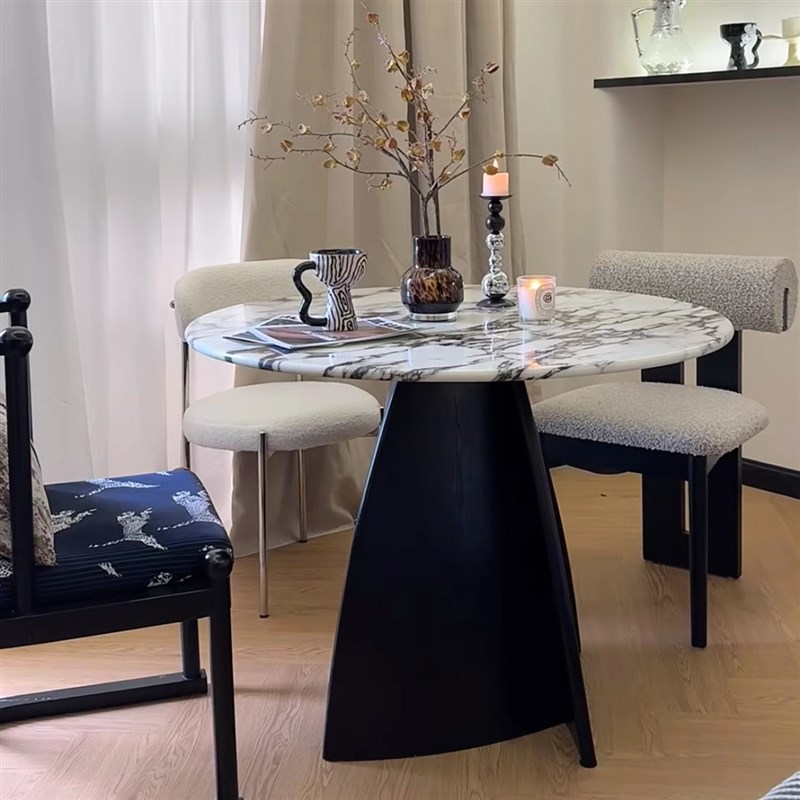 法式复古奶油风实木餐桌家用椅子简约小户型宝格丽大X理石圆形网