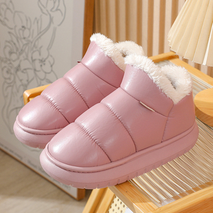 情侣棉拖鞋女冬包跟厚底室内防水PU皮拖鞋男冬季保暖棉鞋高筒防寒