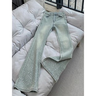 高街牛仔裤 美式 女胖mm秋季 重工烫钻裤 300斤大码 子显瘦阔腿裤 女装