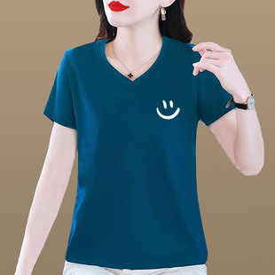 宽松大码 纯棉t恤女短袖 V领韩版 2025新款 显瘦体恤胖mm减龄上衣 夏季