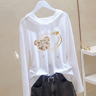 宽松大码 白色连帽体恤衫 纯色百搭上衣T t恤女2024春秋新款 纯棉长袖