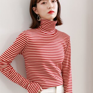 大码 纯棉高领打底衫 秋冬磨毛 条纹t恤女内搭上衣长袖 日系外贸女装