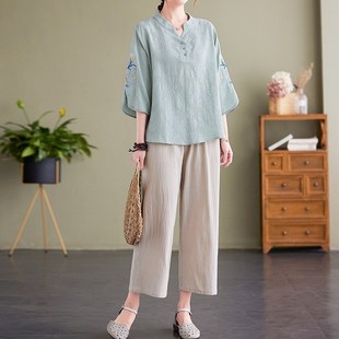 刺绣宽松大码 中老年女装 休闲阔腿棉麻套装 新款 早春两件套 妈妈夏装