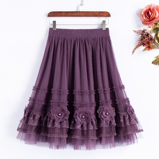 显瘦黑色网纱蛋糕裙仙女裙 新款 洋装 蕾丝绣花朵中长半身裙2021夏季