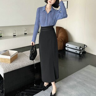 绑带超高腰垂坠半身裙显瘦开叉一步长裙2023春夏西装面料女士包臀