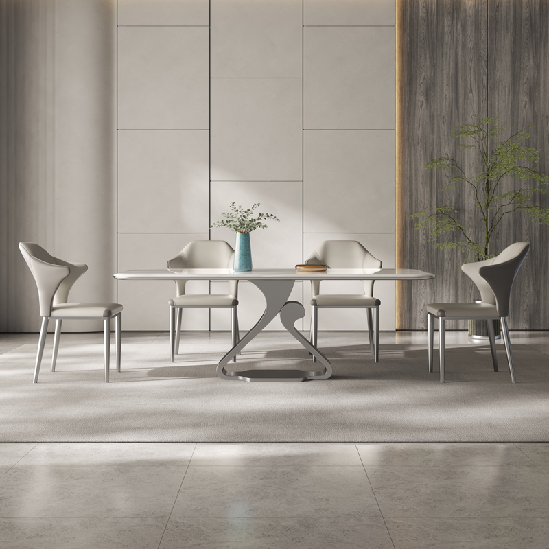 灰色极简岩板餐桌设计师款意式简约别墅家用长方形侘寂风饭桌椅