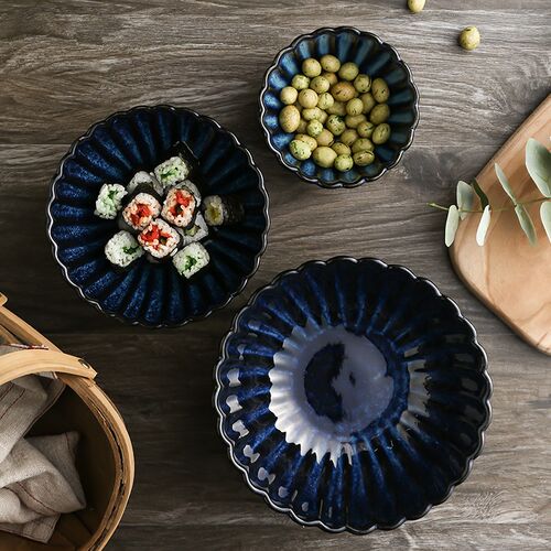 陶瓷窑变面碗大汤碗家用沙拉碗米饭碗水果碗复古花季蓝餐具拉面碗