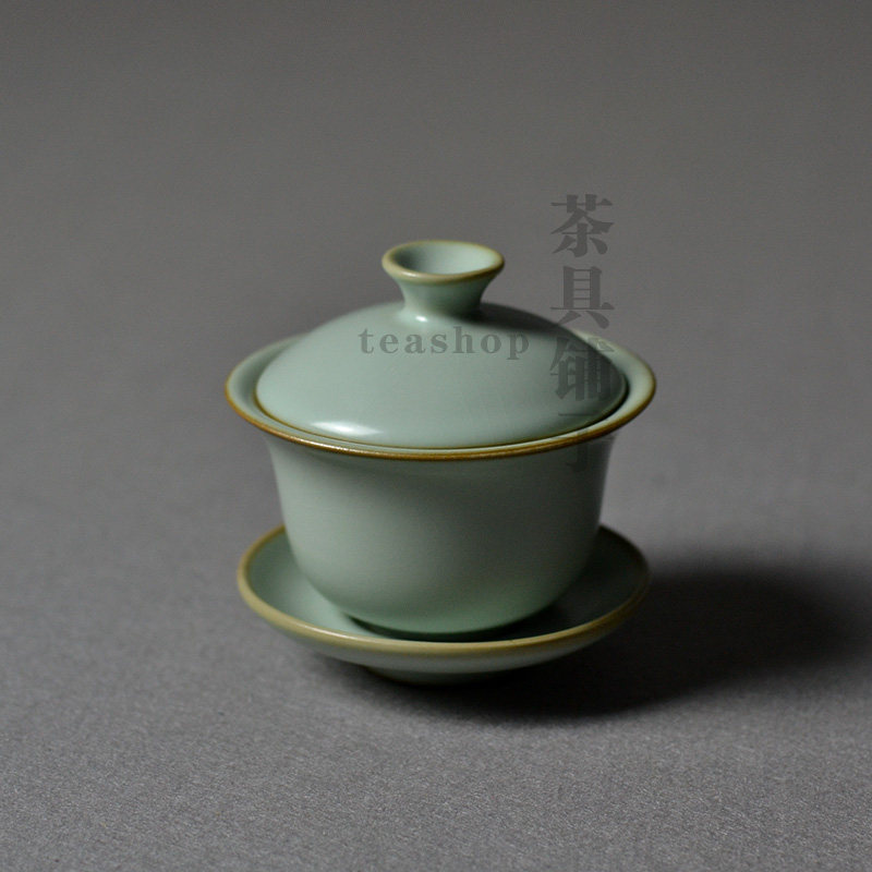 聚宝龙汝窑茶具天青开片雅典盖碗泡茶碗老釉老底款功夫汝瓷茶器