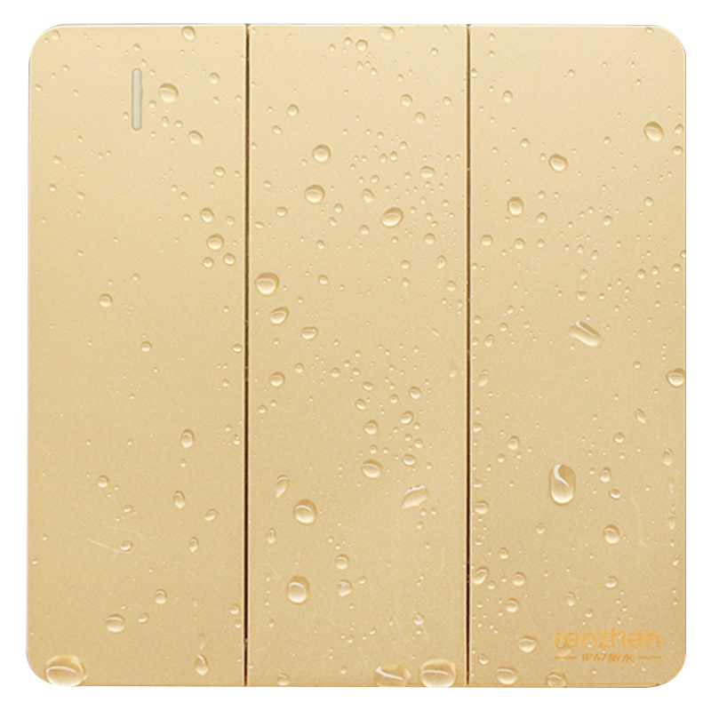 认真8型开关防水插座面板家用墙壁暗装香槟金色三开单控开关