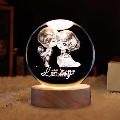 创意太阳星系双海豚玫瑰内雕刻发光水晶球摆件银河系卧室小夜灯