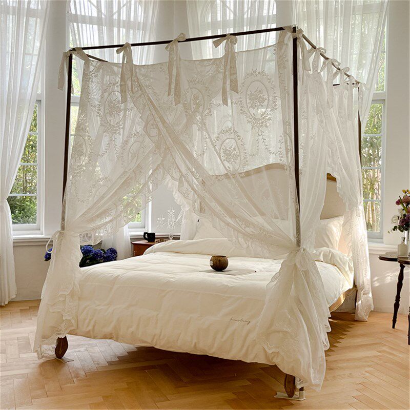 家用高端宫廷落地式白色蕾丝蚊帐三开门加厚加密公主风帐纱带支架