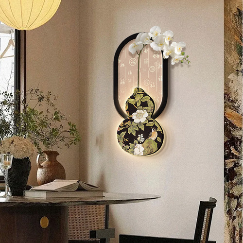 2024新款中古风餐厅装饰画高级感玄关葫芦挂画复古南洋风LED灯画