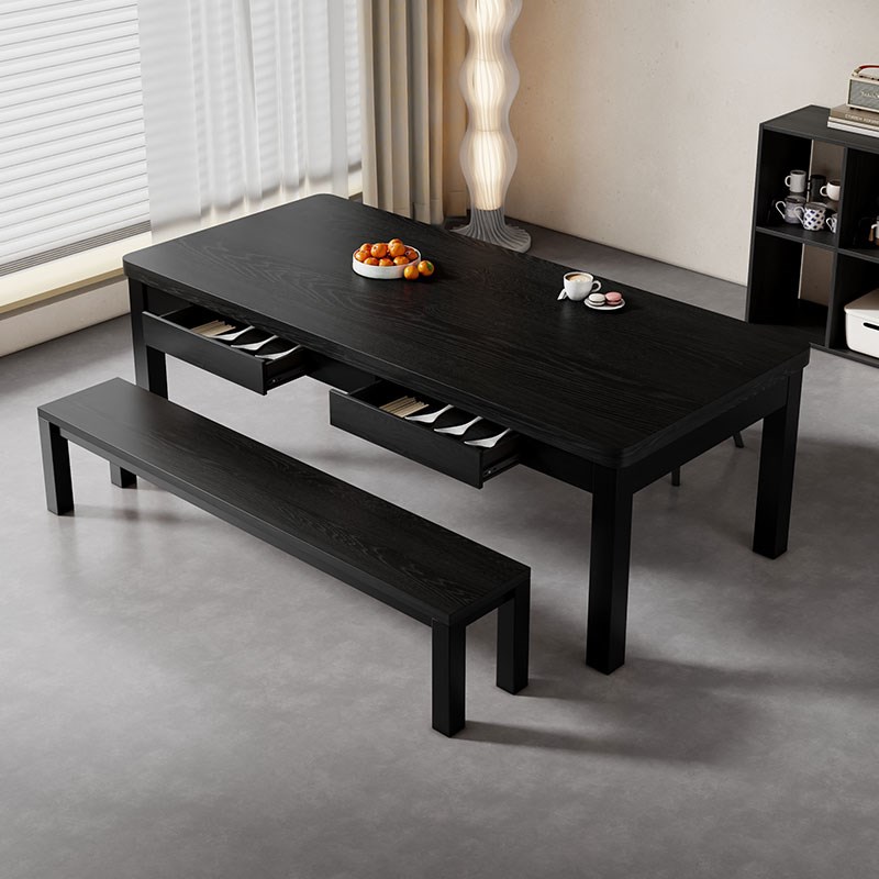 白蜡木黑色实木餐桌纯实木长方形餐厅客厅餐桌中古风复古长条桌