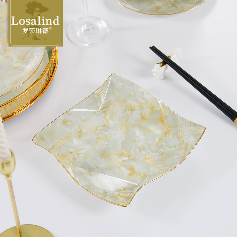 金边玉石骨瓷盘子菜盘家用创意8英寸折角异形早餐盘甜品盘牛排盘