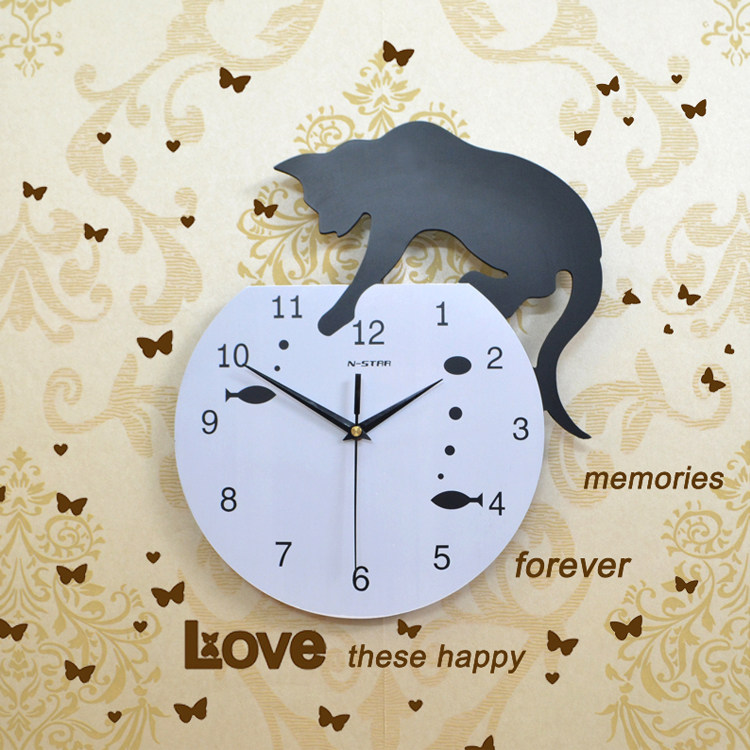 现代装饰欧式田园静音挂钟客厅时尚卧室时钟表创意卡通个性猫