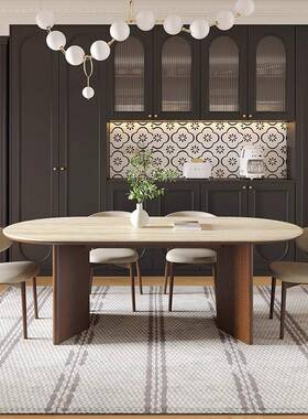 法式木高级感石餐桌家用简实约饭桌中60561古风椭圆洞岩板形餐桌