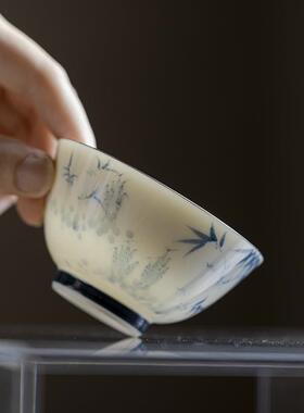 青己釉下彩青花主人绘人杯手文人器CEH品茗杯陶瓷斑竹枝书怀主杯