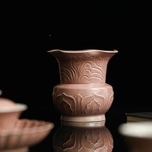 墨己7277废紫红汝釉仰瓣花莲艺水茶道配件仿古花瓶水盂建茶席水缸