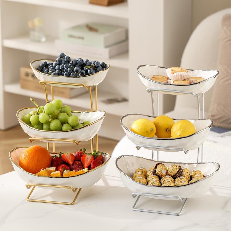 奢陶水果盘铁艺果篮客家用双轻瓷层三层水果盘CSK点心零食干果厅