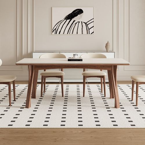 德利丰洞石岩板实木餐桌胡桃色小户型家用奶油中古风高端全托饭桌