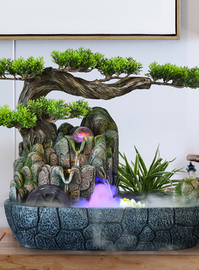 仿真迎客松山水盆景假山流水喷泉摆件玄关办公室循环水造景