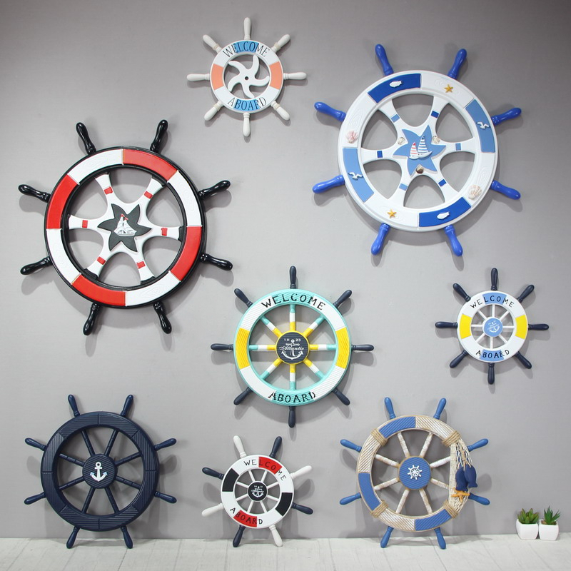 地中海风格木质方向盘船舵海洋墙饰壁饰挂件客厅酒吧墙面舵手装饰