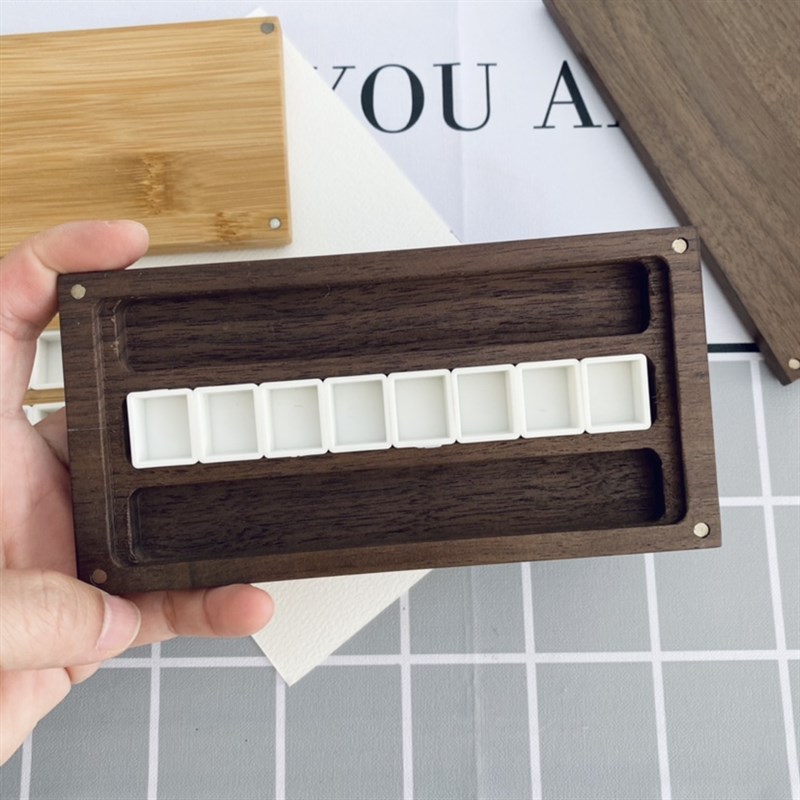 水彩颜料分装盒黑胡桃木竹木空盒木质颜料风干固体水彩便携盒