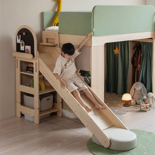 上形孩在 溜溜滑梯梯架款 树屋床天空半高床适用全实木男生女生