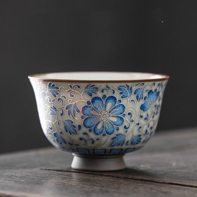 陶瓷茶杯主人杯单杯茶盏茶碗大号仿古青花杯银丝杯缠枝莲杯