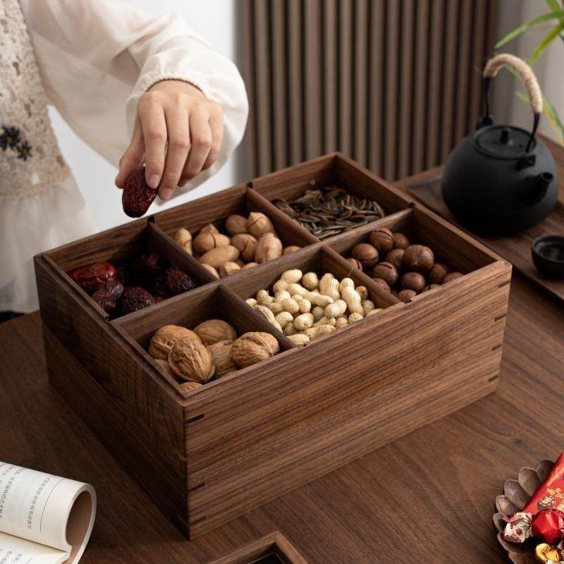 黑轻胡桃木分格实木HLF干果盒客厅坚果纳盒收气奢密封水果盘大新