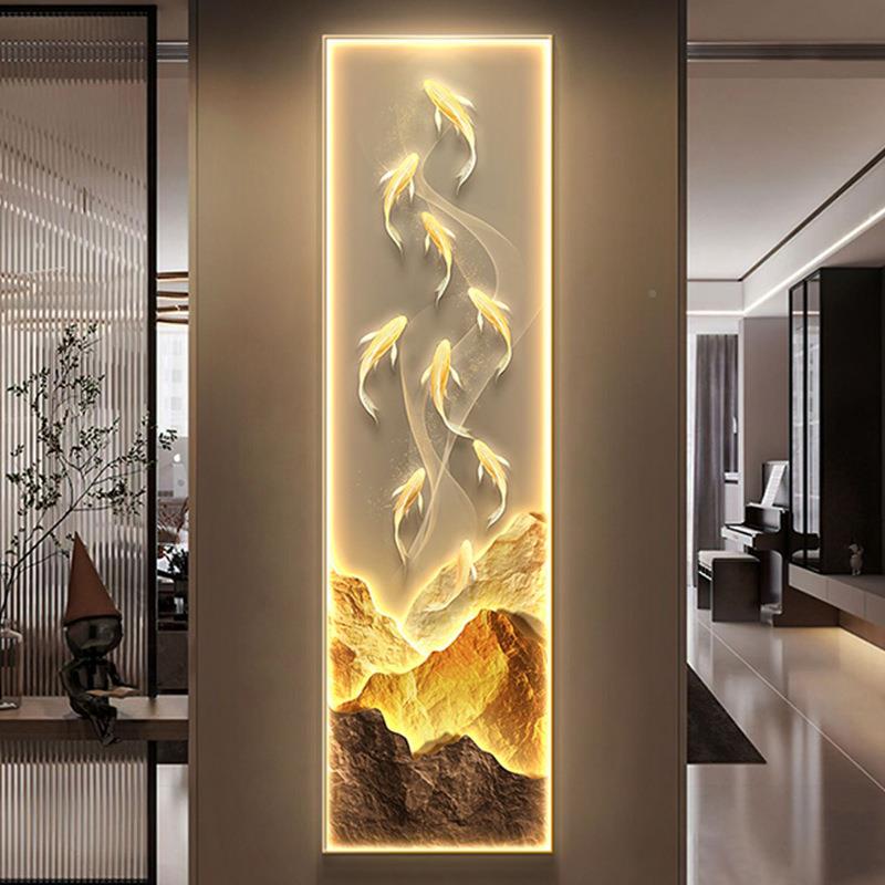 现玄代奢九鱼图关装饰画入户门壁画廊VFM走过道窄长条轻发光挂画