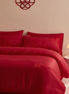 结婚四件套喜庆红色竹子提花套纯棉床F78S7TTH单婚婚床新庆被陪嫁
