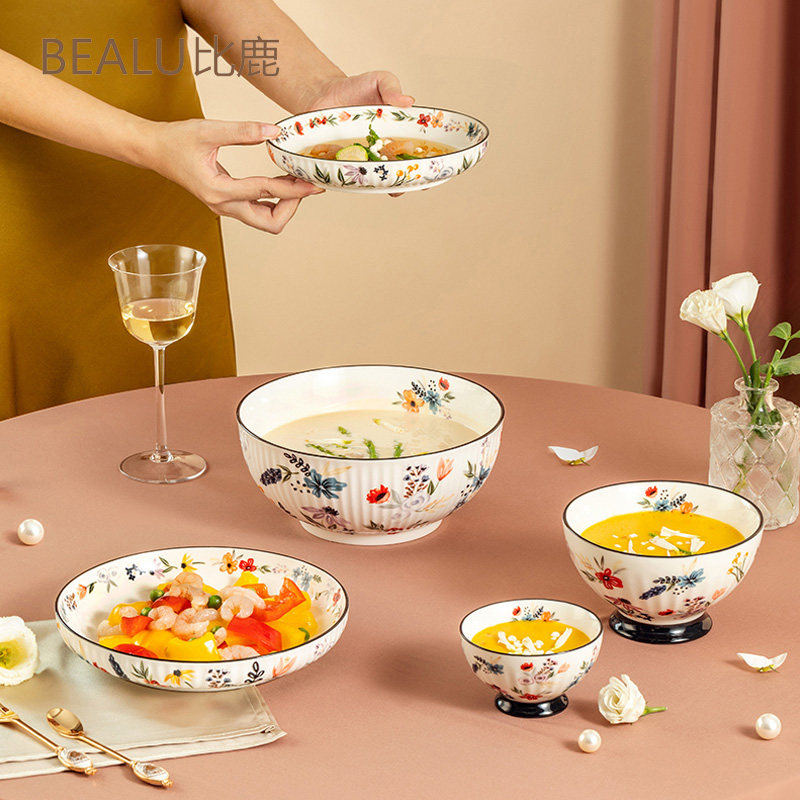 比鹿手绘釉中彩米饭碗陶瓷碗家用吃饭碗碟套装2022新款餐具泡面碗