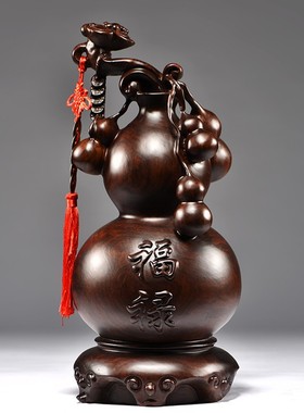 黑檀木雕如意葫芦摆件花瓶实木客厅红木质家居中式装饰送礼工艺品