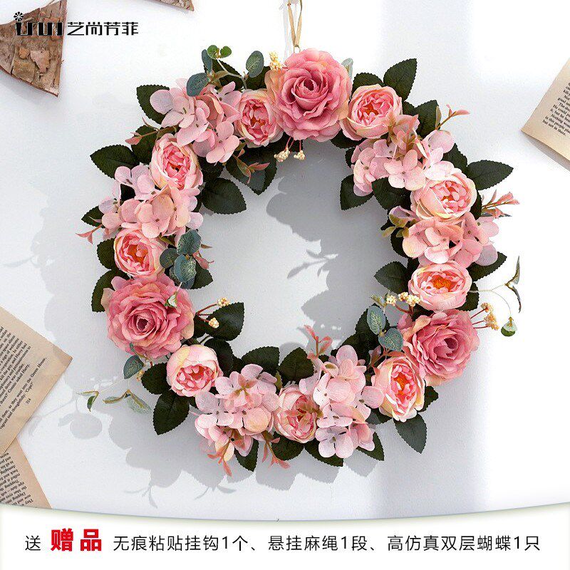 玫瑰牡丹花仿真花环壁挂门饰门楣花婚庆花环客厅摄影花艺装饰
