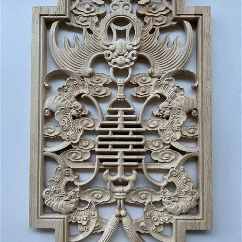 高32*20 中式实木花片 东阳木雕五福装饰雕刻花片 橡胶木未油漆