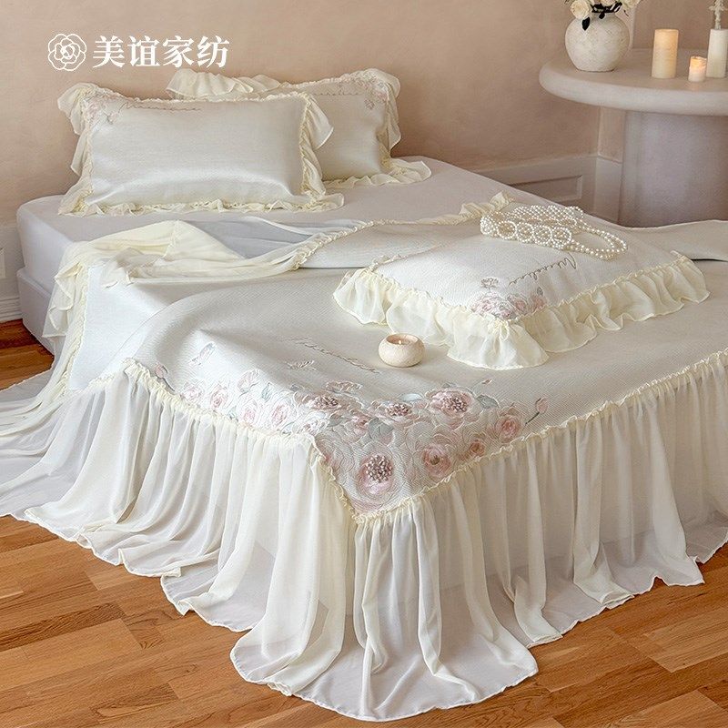 法式少女心冰丝凉席床裙款三件套刺绣透气可折叠空调席夏季软席子