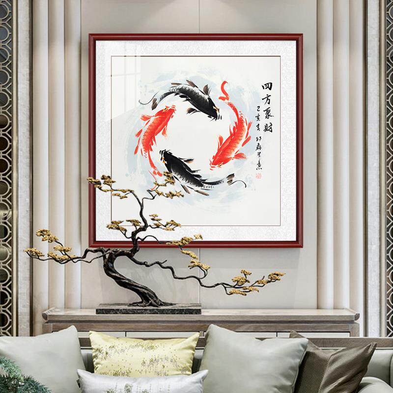 四方聚财纯手绘国画花鸟玄关装饰画饭厅墙面装饰壁画挂画框九鱼图