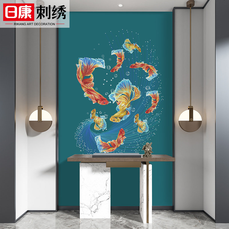 中式九鱼独秀刺绣客厅餐厅入户玄关背景墙布走廊过道现代家装壁布