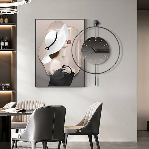 餐厅装饰画高档人物静音钟表画饭厅背景墙挂画现代简约客厅时钟画