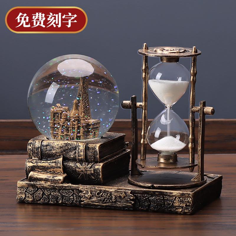 复古铜色水晶球音乐沙漏 桌面创意发光摆件 适用客厅酒柜电视柜