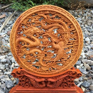 崖柏木雕圆盘龙凤呈祥 福禄寿摆件家居古典装饰品红木雕刻工艺品