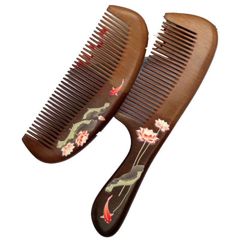 三林天然桃木梳子防静电头皮护理梳按摩彩绘红鲤喜庆对梳礼品